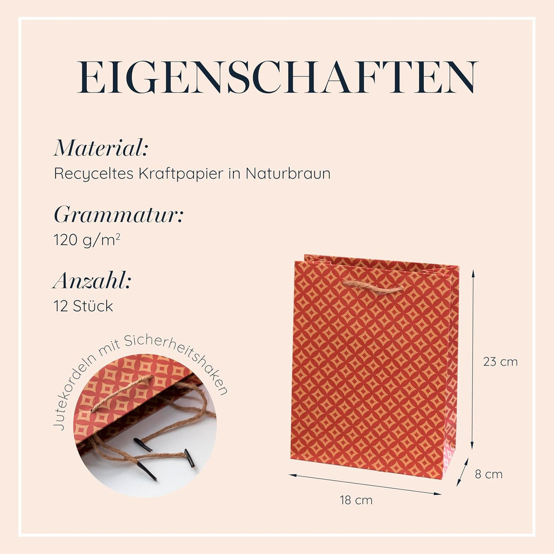100% Mosel Geschenktüten Weihnachten, in Natur/Rot, 12 Stück (18 x 23 x 8 cm), Weihnachtstaschen aus