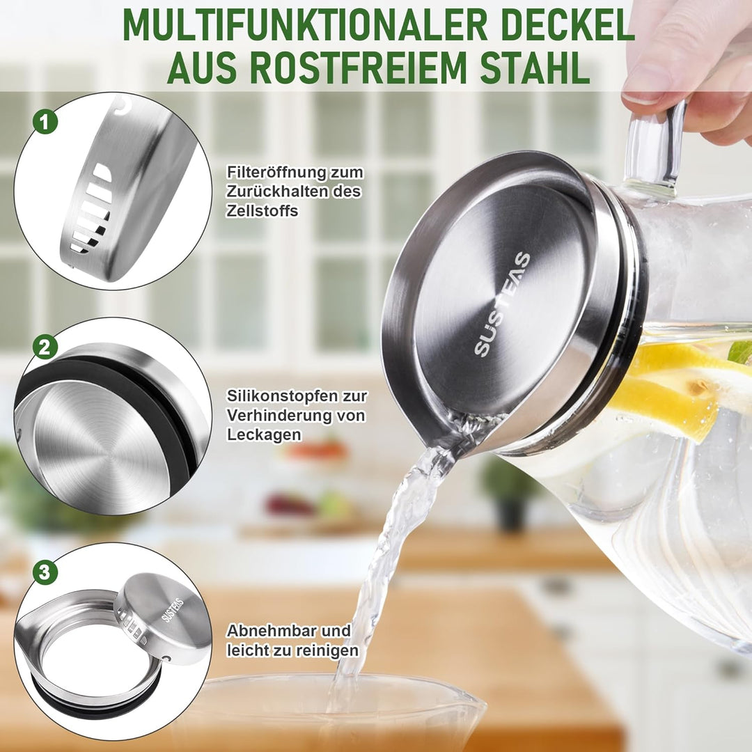 SUSTEAS 2 Liter 70 Unzen Glas Karaffe Krug mit Deckel und Auslauf, Wasserkaraffe, Eistee Krug, Saft