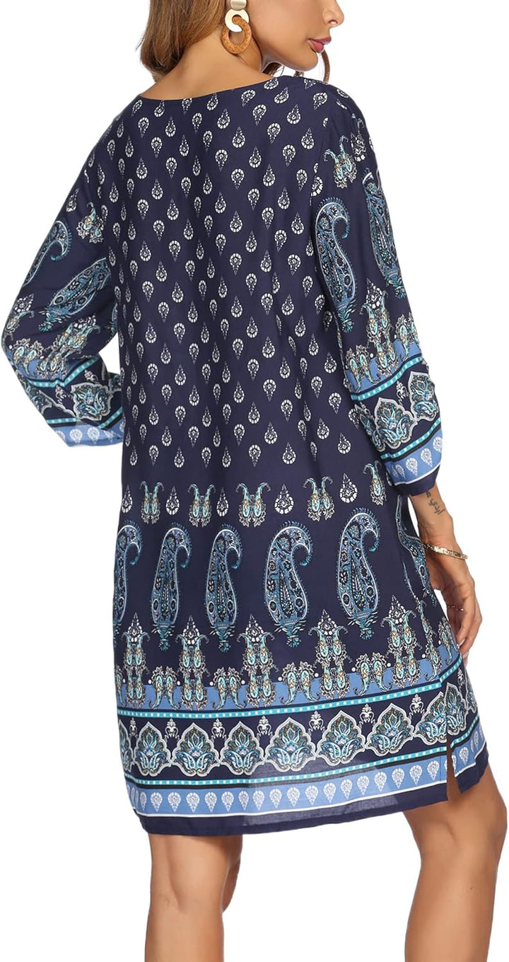 Beyove Damen Bohemian Tunika Kleid Strandkleid Sommerkleider Vintage Strandtunika 3/4-Arm Rundhals K