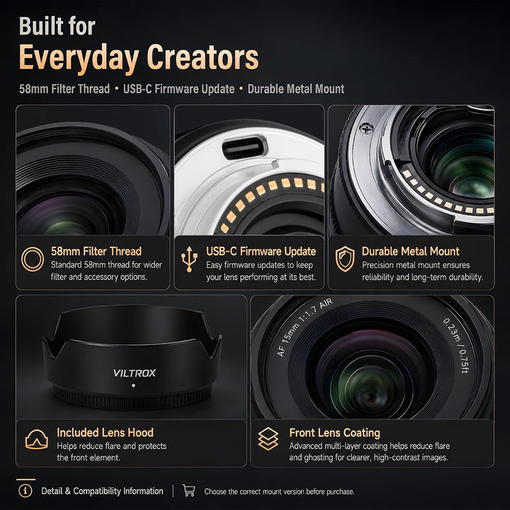 VILTROX 15mm F1.7 XF Mount Objektiv für Fuji XF Mount Kameras Objektive APS-C STM Autofokus Lenses W
