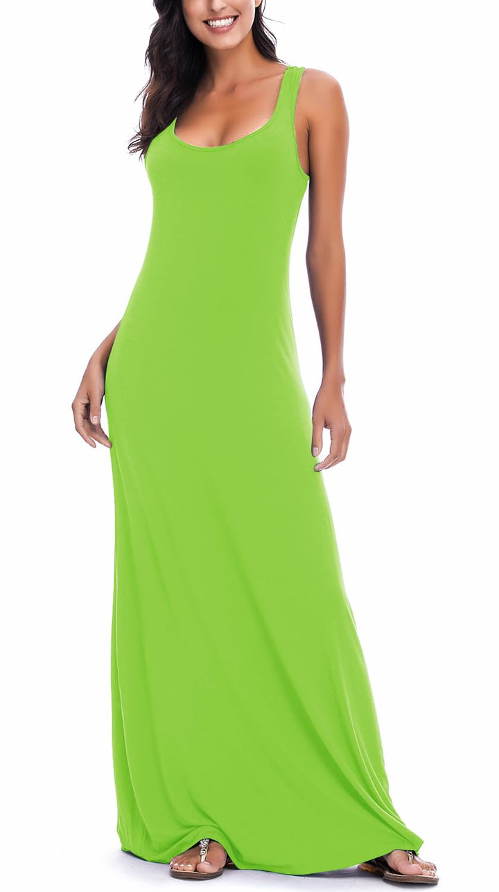 Damen Sommer Leichte Ärmellos Strand Maxi Kleid Elegant Elastisch Tunika Lang Kleider, Bright Green