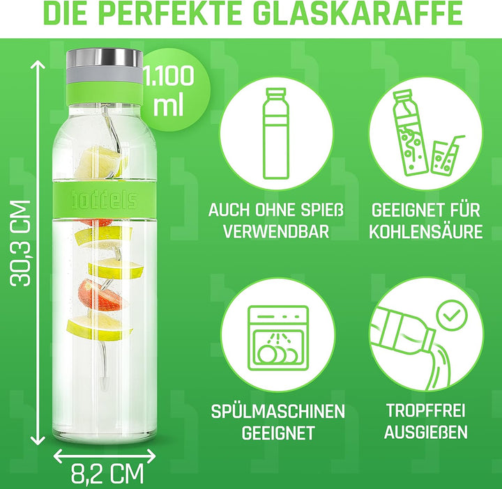 boddels Glaskaraffe mit Deckel und Sieb 1.100ml, Rutschfester Griff, Glaskaraffe mit Fruchteinsatz,