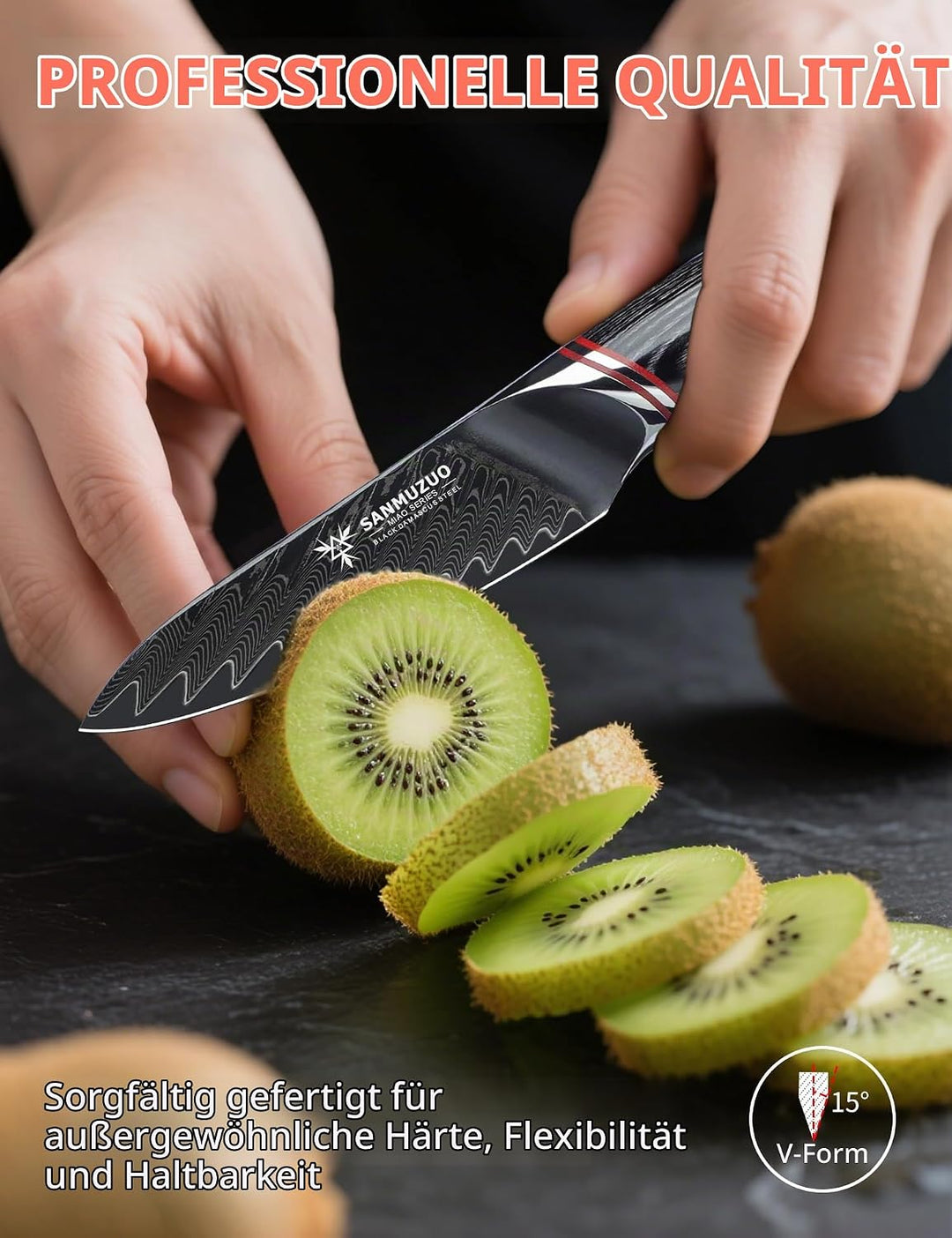 8,9 cm Schälmesser – Obst- und Gemüseschälmesser, Schwarzer Damaststahl mit ergonomischem Griff – Mi