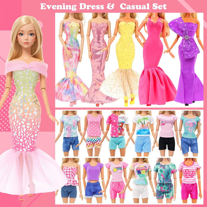 82 Stück Puppenzubehör 5 Abendkleider 3 Outfits 8 Kleider 2 Badeanzüge 15 Schuhe und 49 Puppenzubehö
