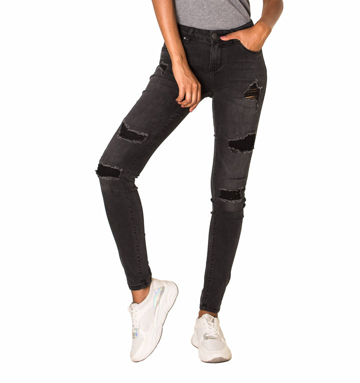 Nina Carter P100 Damen Skinny Fit Low Waist Jeanshosen mit Destroyed-Effekten Used-Look Jeans Waschu