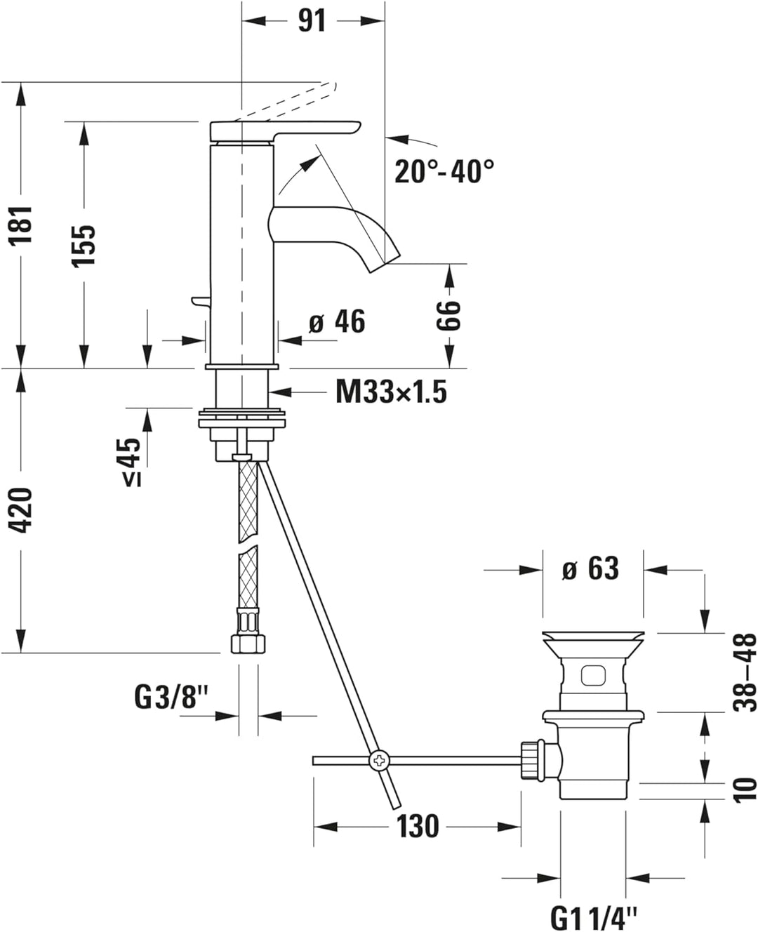 Duravit C.1 Waschtischarmatur, Grösse S (Auslauf Höhe 66 mm). Wasserhahn Bad mit Zugstangen-Ablaufga