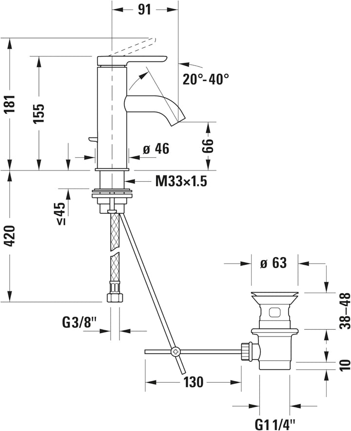 Duravit C.1 Waschtischarmatur, Grösse S (Auslauf Höhe 66 mm). Wasserhahn Bad mit Zugstangen-Ablaufga