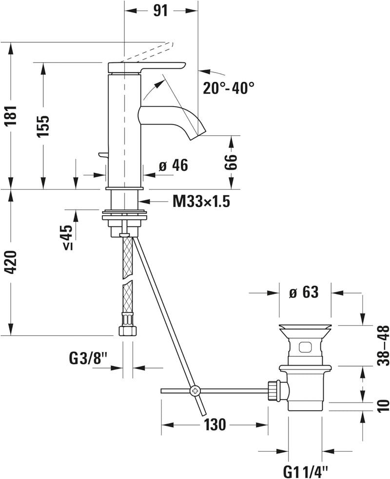 Duravit C.1 Waschtischarmatur, Grösse S (Auslauf Höhe 66 mm). Wasserhahn Bad mit Zugstangen-Ablaufga