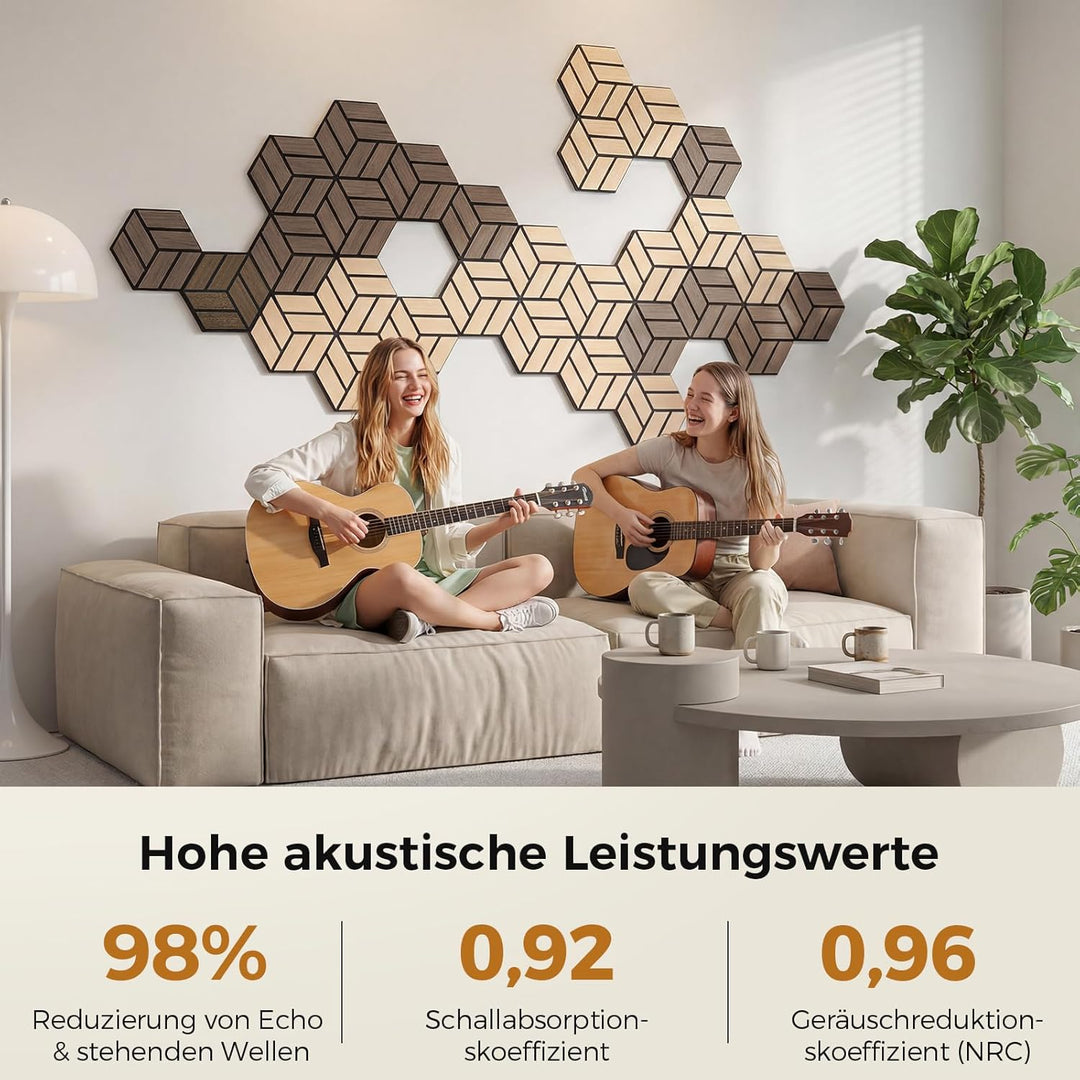 12 Stück Hexagon Akustikplatten Selbstklebend, 30 x 26 x 0,9 cm Hohe Dichte schallabsorber wand, Sch