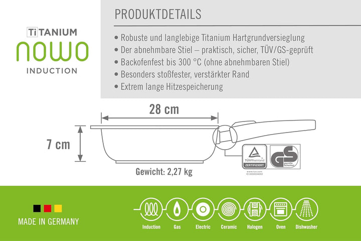 Woll Nowo Titanum Hochrandpfanne - Induktiv -, Ø 28 cm, 7 cm hoch, mit abnehmbarem Stiel - Geeignet
