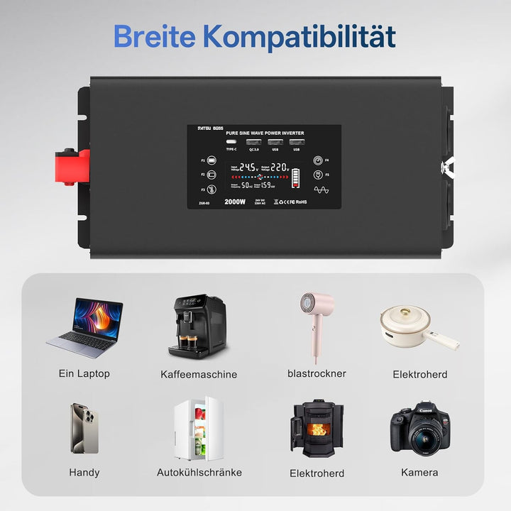 DATOUBOSS Wechselrichter 24V auf 230V Reiner Sinus 2000w Spannungswandler mit 3×USB Ports, 2×EU-Stec