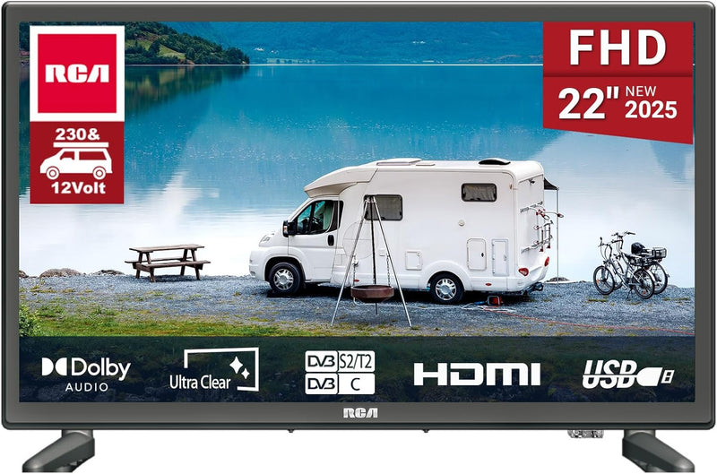 RCA E22-RH1C.T21 TV 22 Zoll(56cm) 230v/12v KFZ-Adapter Fernseher LED,Dolby Audio,Triple Tuner,VGA/HD