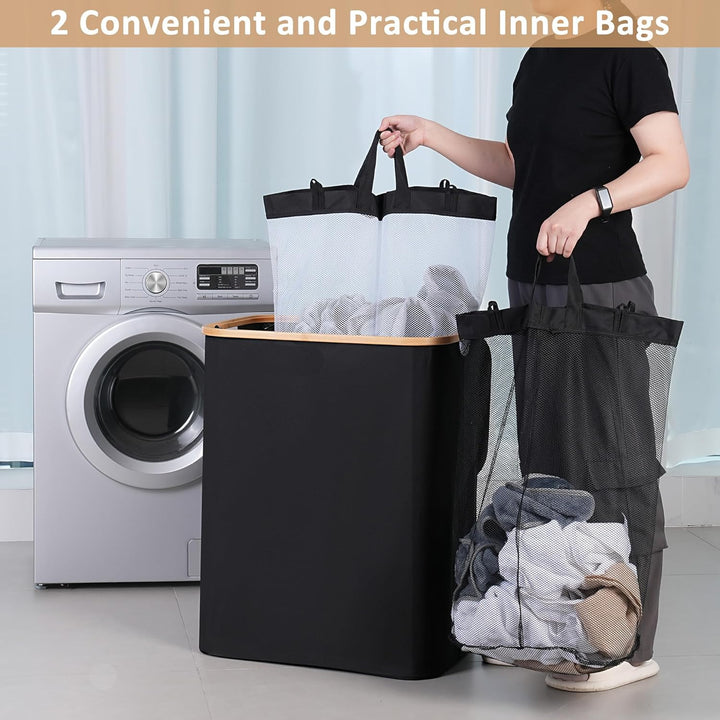 iEGrow Grosser Wäschekorb mit Deckel 150L, Wäschesammler 2 Fächer mit Herausnehmbaren und Waschbaren