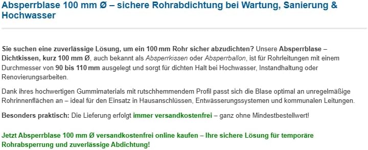Absperrblase Dichtkissen Rohrdichtkissen Pipeplug Testplug kurz 100 mm Ø geeignet für Rohrdurchmesse