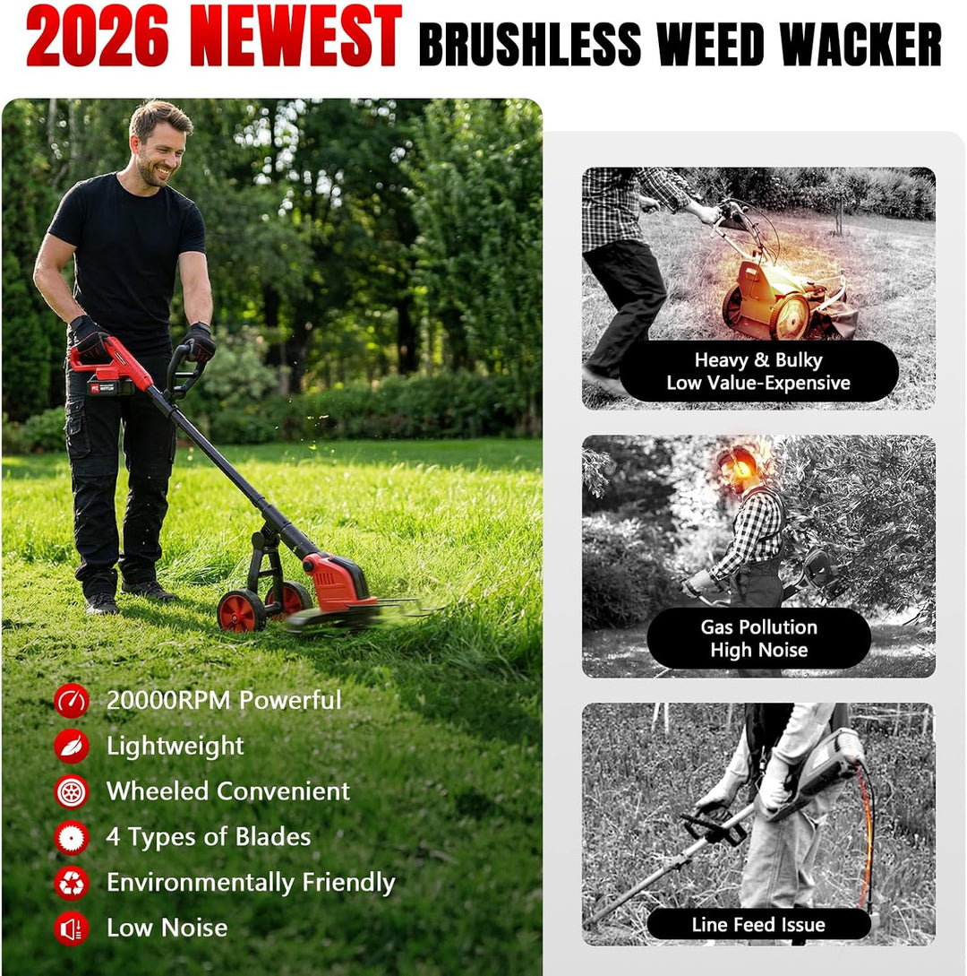 800W Akku Rasentrimmer mit Bürstenlosem Motor, 12 Zoll Schnittbreite, Abnehmbares Hilfsrad, 2 x 3,0