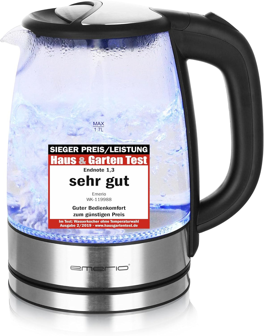 Emerio WK-119988 Glas Wasserkocher,1.7 Liter, 2200 Watt, LED Innenbeleuchtung, 360° Basis, Sieger Pr