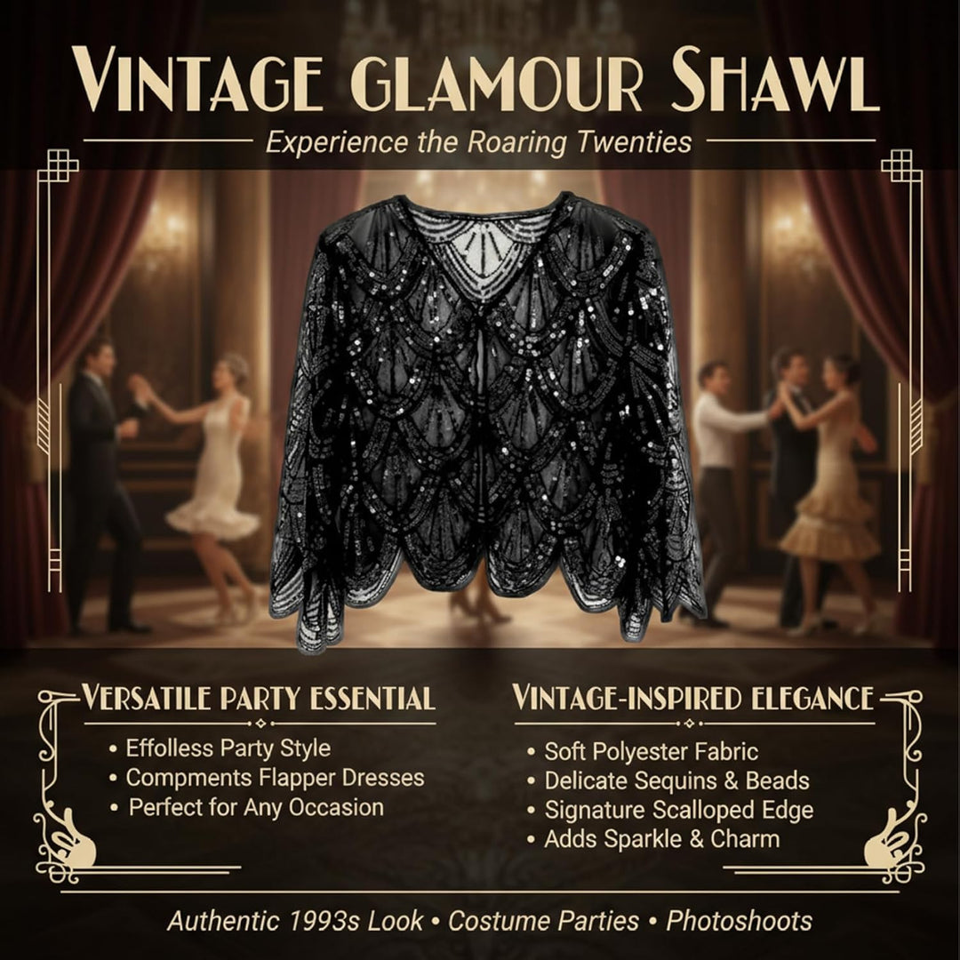 1920er-Jahre-Flapper-Schal mit glitzernden Fransen, weiches Polyester-Braut-Capelet für Hochzeit, Pa