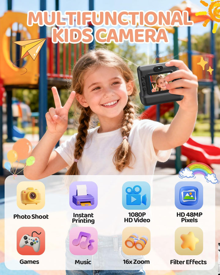 CalineGam Kinderkamera Sofortbildkamera, 1080P HD Sofortbildkamera Kinder mit 32 GB Karte und 3 Papi