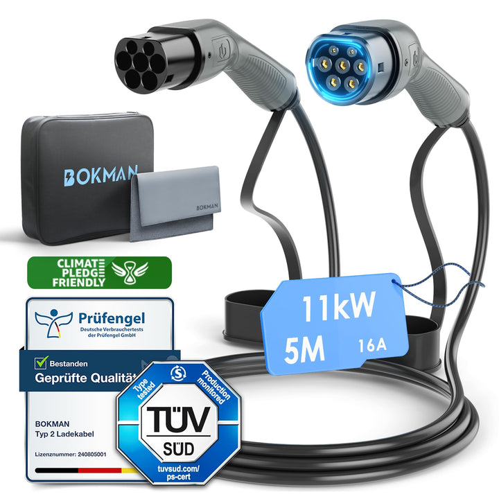 bokman Typ 2 Ladekabel, Modus 3 / 16A / 11 kW / 3-Phasig / 5 Meter, Typ 2 auf Typ 2 EV Ladekabel für