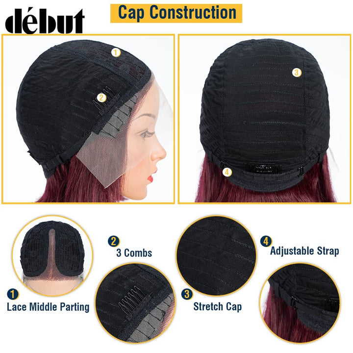 DÉBUT Glatte Bob Perücke, Echthaar, T-Teil, Spitzenfront, Bob-Perücke, vorgezupft, mit Babyhaar, 150