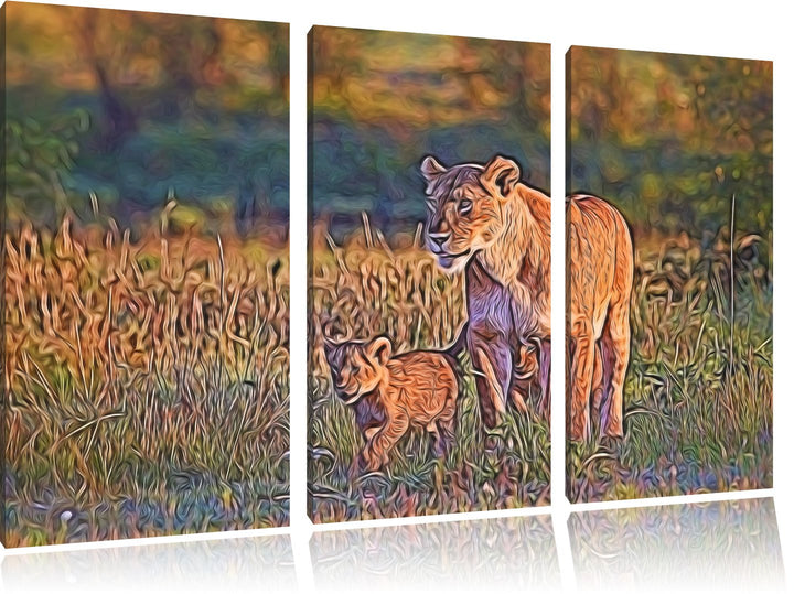 Löwenmutter mit Jungtieren NewArt 3-Teiler Leinwandbild 120x80 Bild auf Leinwand, XXL riesige Bilder
