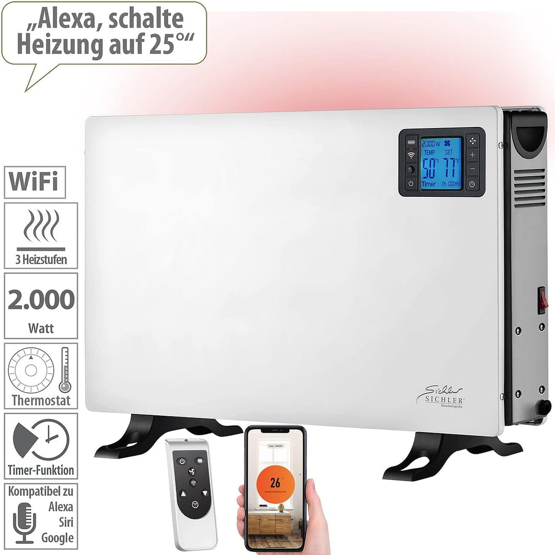 Sichler Haushaltsgeräte Elektrische Heizung: WLAN-Konvektor-Heizung, 2.000 W, App, Sprachsteuerung,