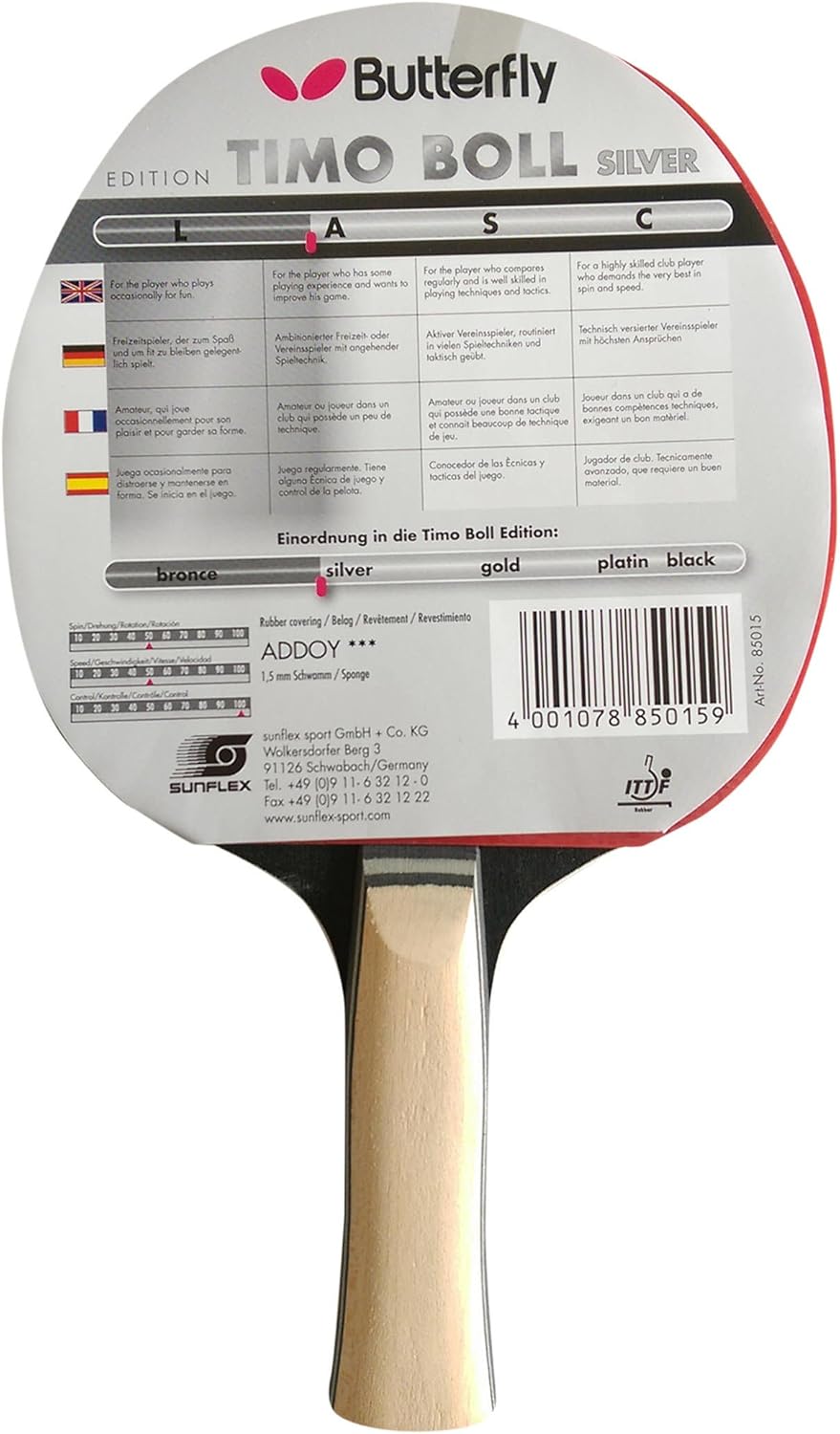 Butterfly Timo Boll Tischtennisschläger - ITTF zugelassen Silver, schwarz-silver 85015, Silver, schw