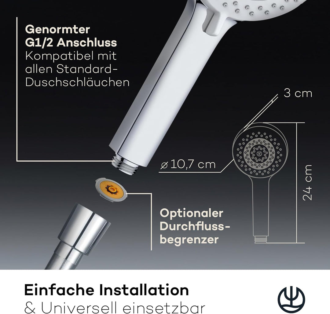 KLUDI-X1 Universal Duschkopf mit Schlauch, Duschbrause optional wassersparend mit 3 Strahlarten (Bod