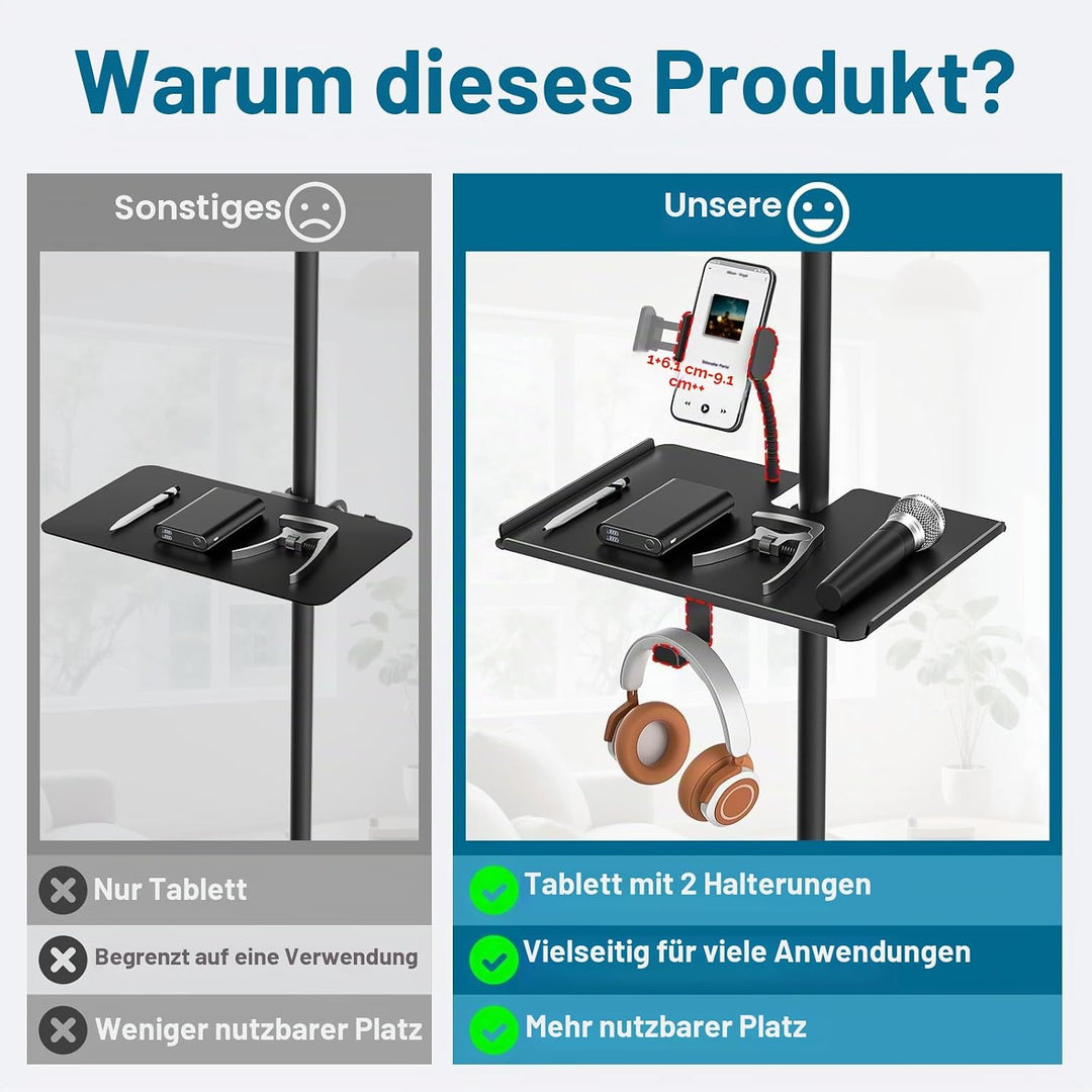 Funktionaler Metall-Mikrofonständer mit Handyhalter – universeller grosser Mikrofonständer, Tablett,