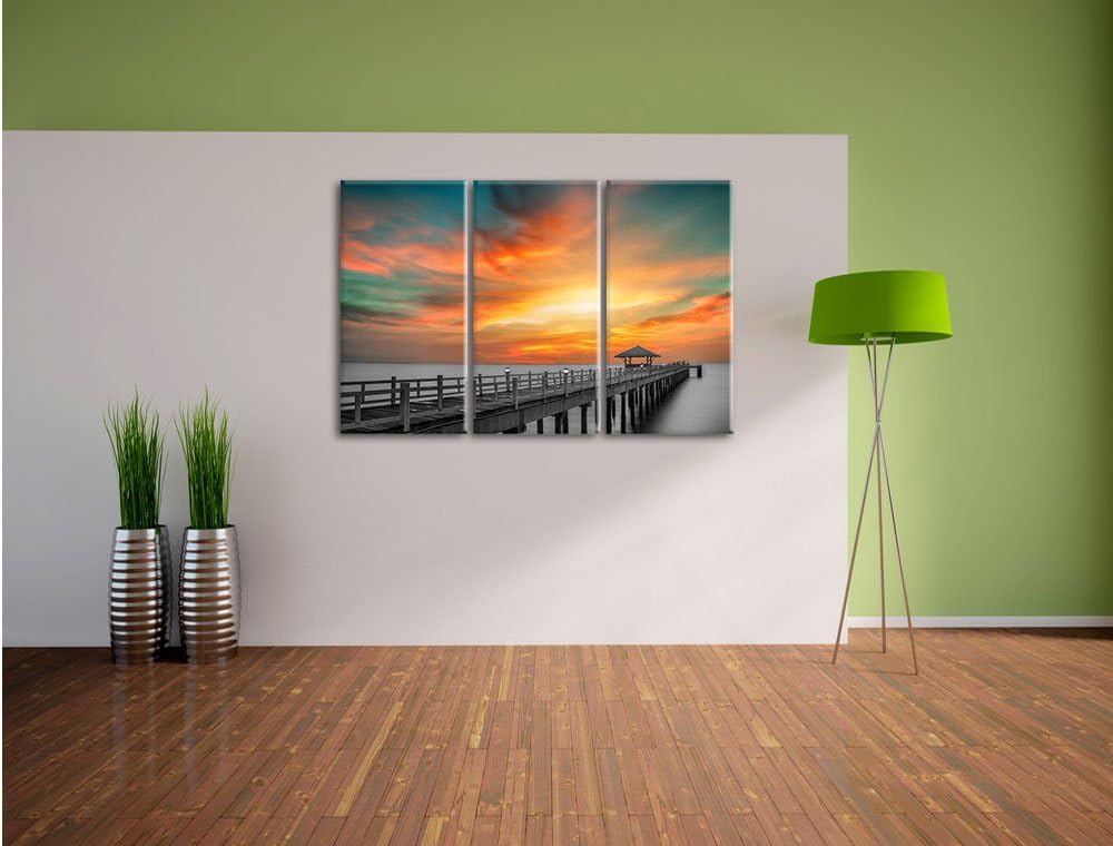 Pixxprint Steg ins Meer bei Sonnenuntergang/Format: 3-Teiler (120x80cm) cm/Leinwandbild fertig bespa