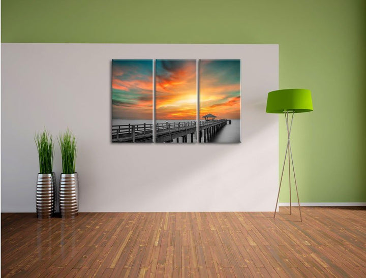 Pixxprint Steg ins Meer bei Sonnenuntergang/Format: 3-Teiler (120x80cm) cm/Leinwandbild fertig bespa
