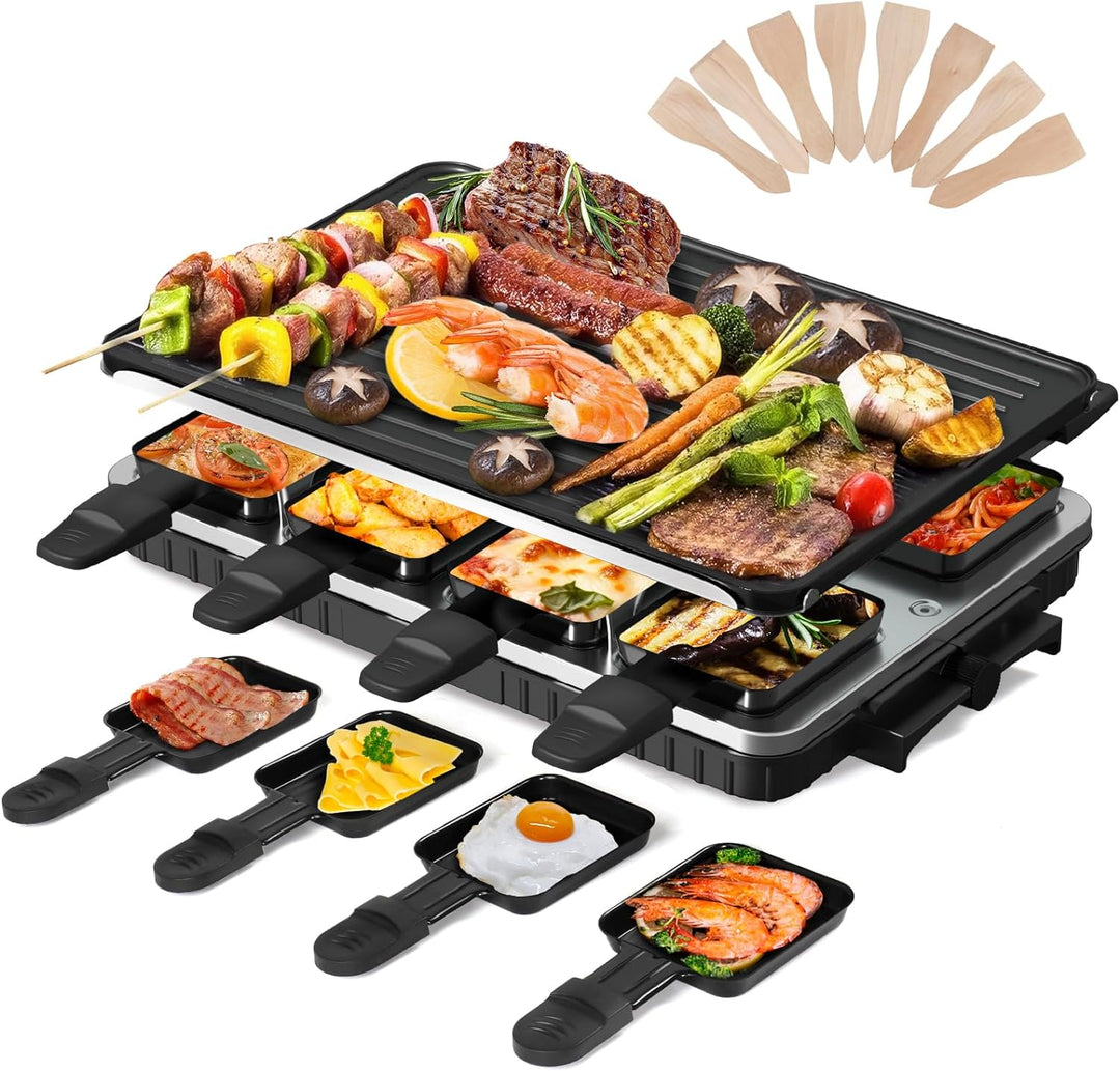 2-in-1 Raclette Grill 8 Personen Elektrisch Tischgrill Antihaftbeschichtet Wende-Grillplatte Elektro