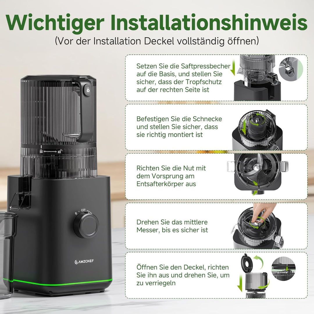 AMZCHEF Entsafter Slow Juicer 155mm XXL Einfüllöffnung - 2,5L Saftpresse Elektrisch für ganzes Obst