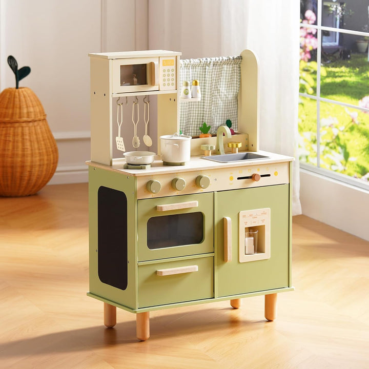 ROBUD Kinderküche aus Holz – Spielküche mit Kühlschrank, Eiswürfelspender, Backofen & Zubehör, Rolle