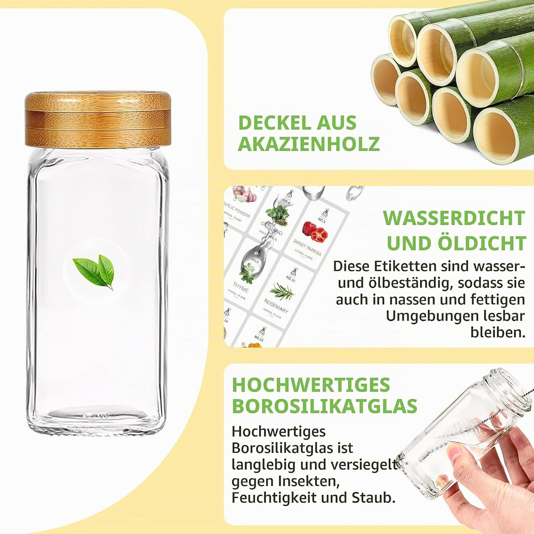 24-tlg. Gewürzgläser Set mit Bambusdeckel, Eckige &amp; Luftigdicht, Inkl. Etiketten, Trichter &amp; Bürste,