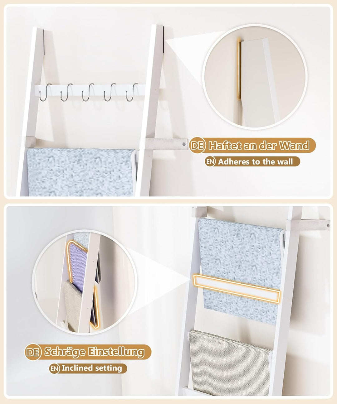 Yorbay Handtuchleiter Bambus 6 Sprossen: Kleiderleiter mit 2 Sturzsicherheitsriemen und 5 Haken - De