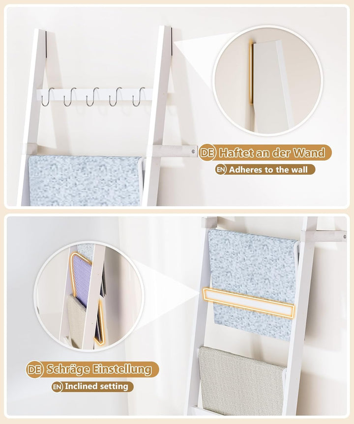 Yorbay Handtuchleiter Bambus 6 Sprossen: Kleiderleiter mit 2 Sturzsicherheitsriemen und 5 Haken - De