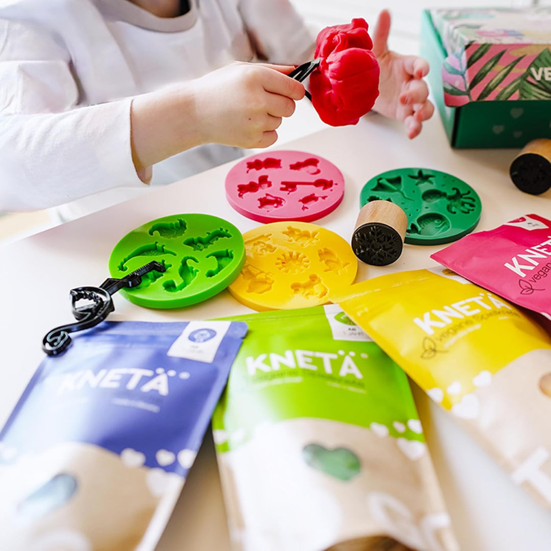 Knete Set (4x100g) inkl. 2X Bastelkarte I Vegane Spielknete ab 1 Jahr 4er XL mit Bastelkarten, 4er X
