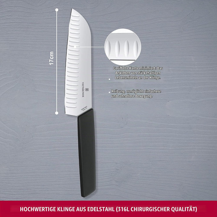 Swiss Modern Santokumesser, Kullenschliff,17cm,schwarz, Blister