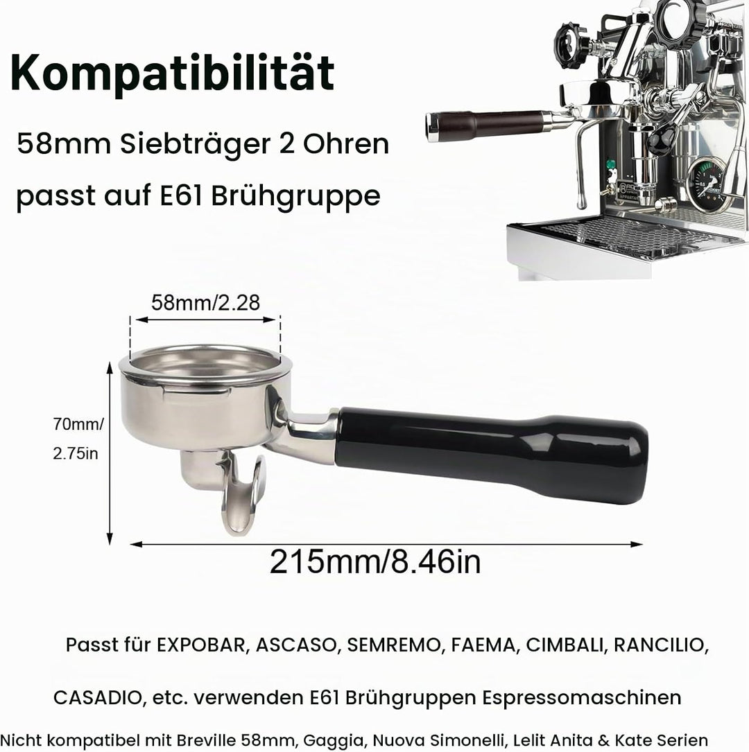 Siebträger 58mm Doppel Auslauf für E61, Filterkorb mit ABS Holz und Edelstahl-SiebträGer-Filterhalte