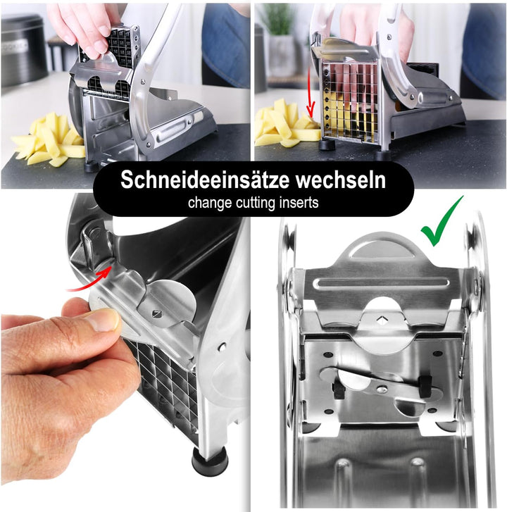 com-four® Pommesschneider - Kartoffelpresse mit 2 Schneideeinsätzen - Pommes Frites Schnitzer aus Ed