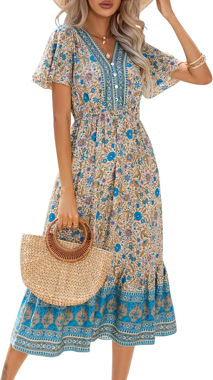 Clearlove Damen Sommerkleid Boho Kurzarm Midi Kleider V-Ausschnitt Strandkleid lang Blumenkleid Rüsc