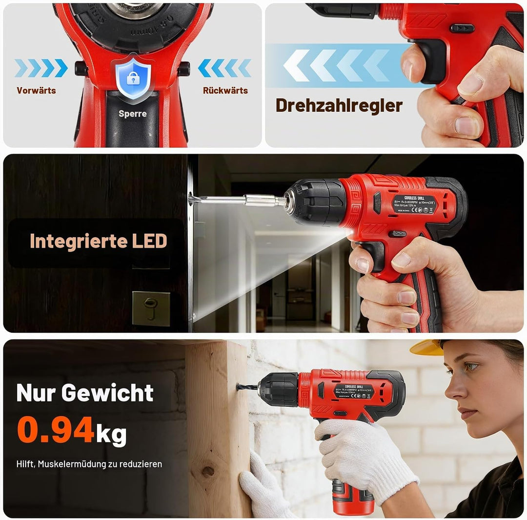 Werkzeug-Set mit Akku-Bohrschrauber, Komplett-Werkzeugkoffer für Heimwerker mit Schraubendrehern, Za