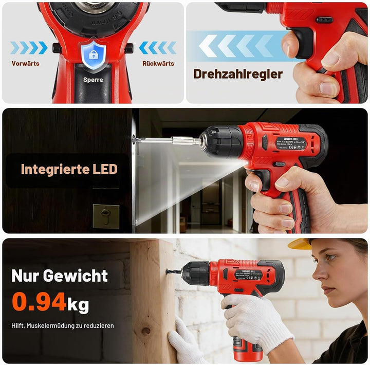 Werkzeug-Set mit Akku-Bohrschrauber, Komplett-Werkzeugkoffer für Heimwerker mit Schraubendrehern, Za