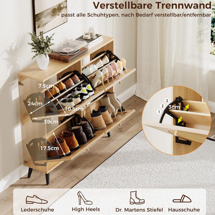 IRONCK Schuhschrank Rattan, schmal Schuhkipper mit 4 Klappen, freistehende Schuhregal, Schuhkommode