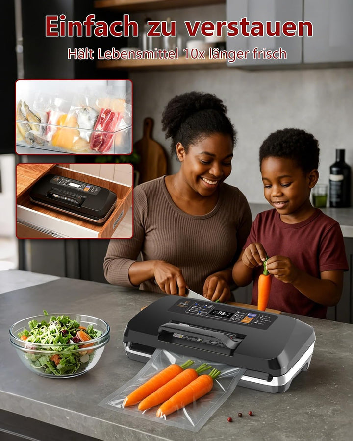95kPa Vakumierergerät für Lebensmittel, 12-in-1 Vacuum Sealer mit Doppelter Heisssiegelung, Vakuumie