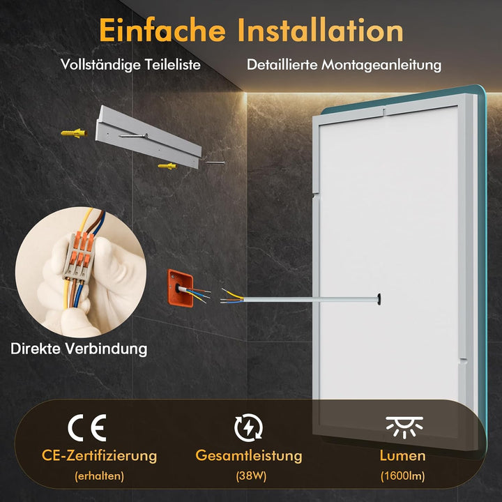Badezimmerspiegel mit Beleuchtung 50x70cm, LED Spiegel Bad mit Licht, 3 Lichtfarben, Dimmbar, Antibe