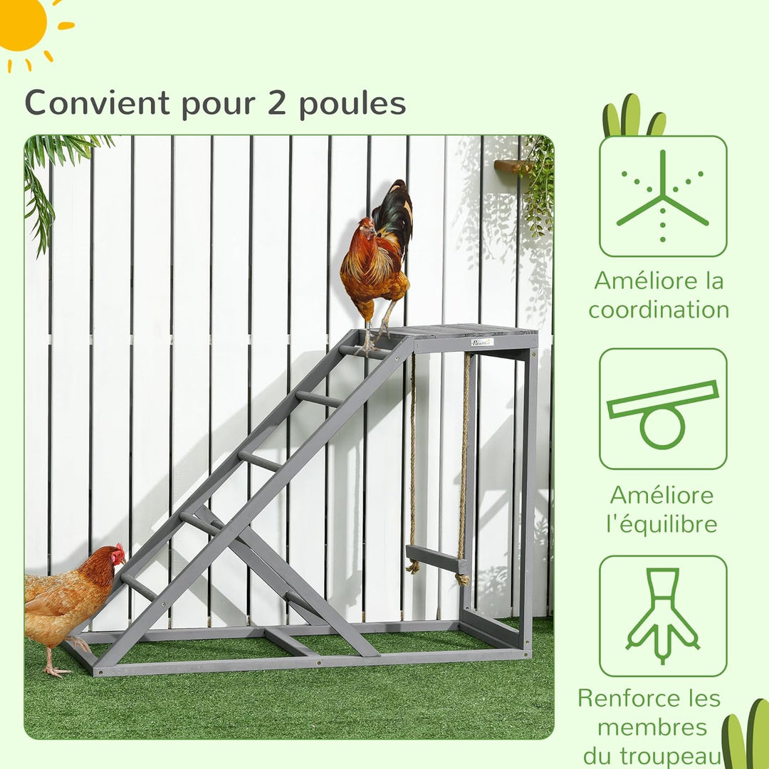 PawHut Holzsitzstange für Hühner, Holzspielplatz für Hühner mit Schaukel, Leiter, Plattform, natürli