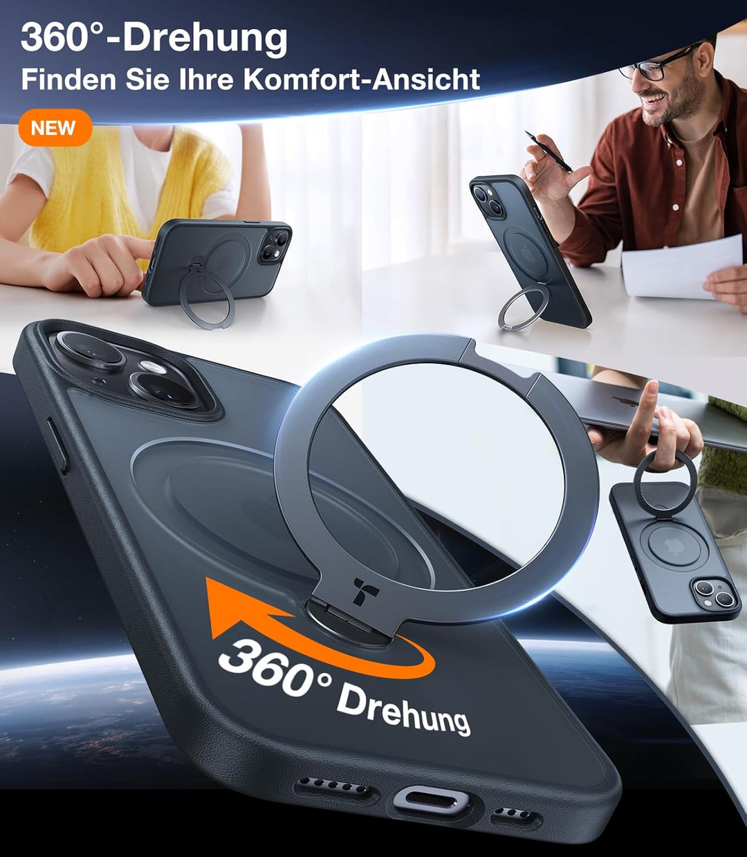 TORRAS Ostand Q3 Spin für iPhone 15 Hülle (360° Magnetischer Unsichtbarer Ständer) Zertifizierte Mil