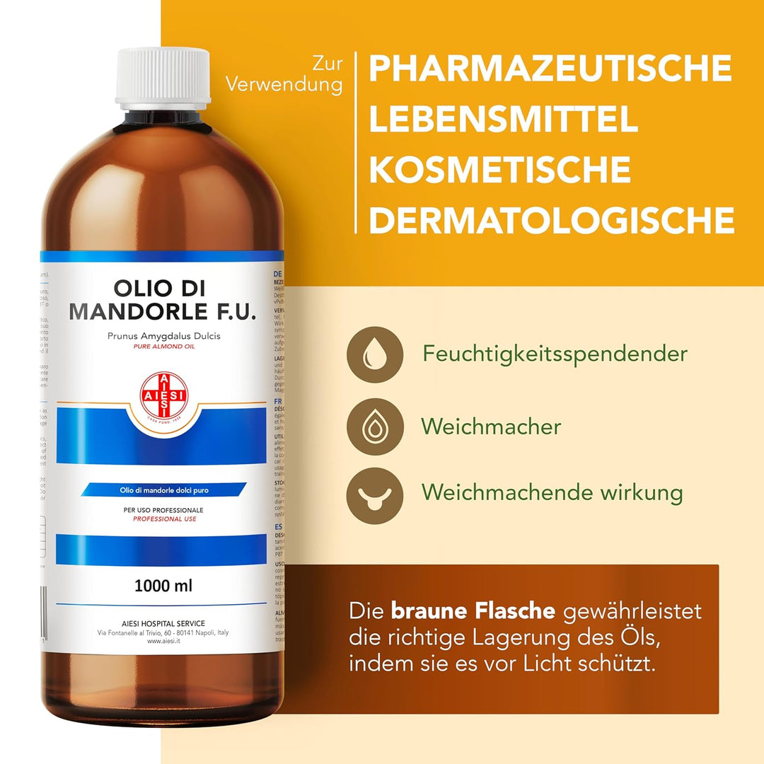 AIESI® Mandelöl Süss Ph.Eur. 100% rein kaltgepresst (1 Liter Flasche), Für pharmazeutische, lebensmi